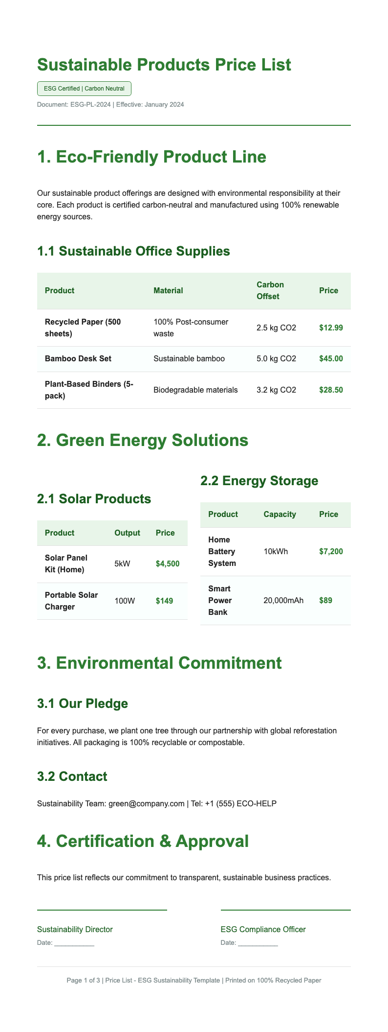 ESG Sustainability price list Template